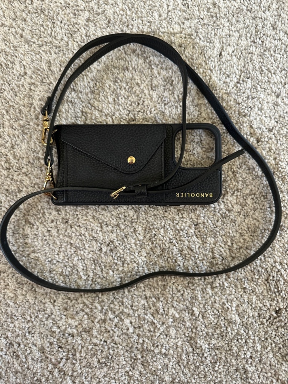 Bandolier Black Leather Crossbody Phone Case with Gold Hardware